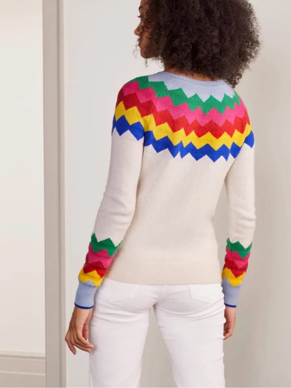 Boden Rothesay Chevron Button-Front Sweater Cardigan - White Multi - Picture 2 of 3